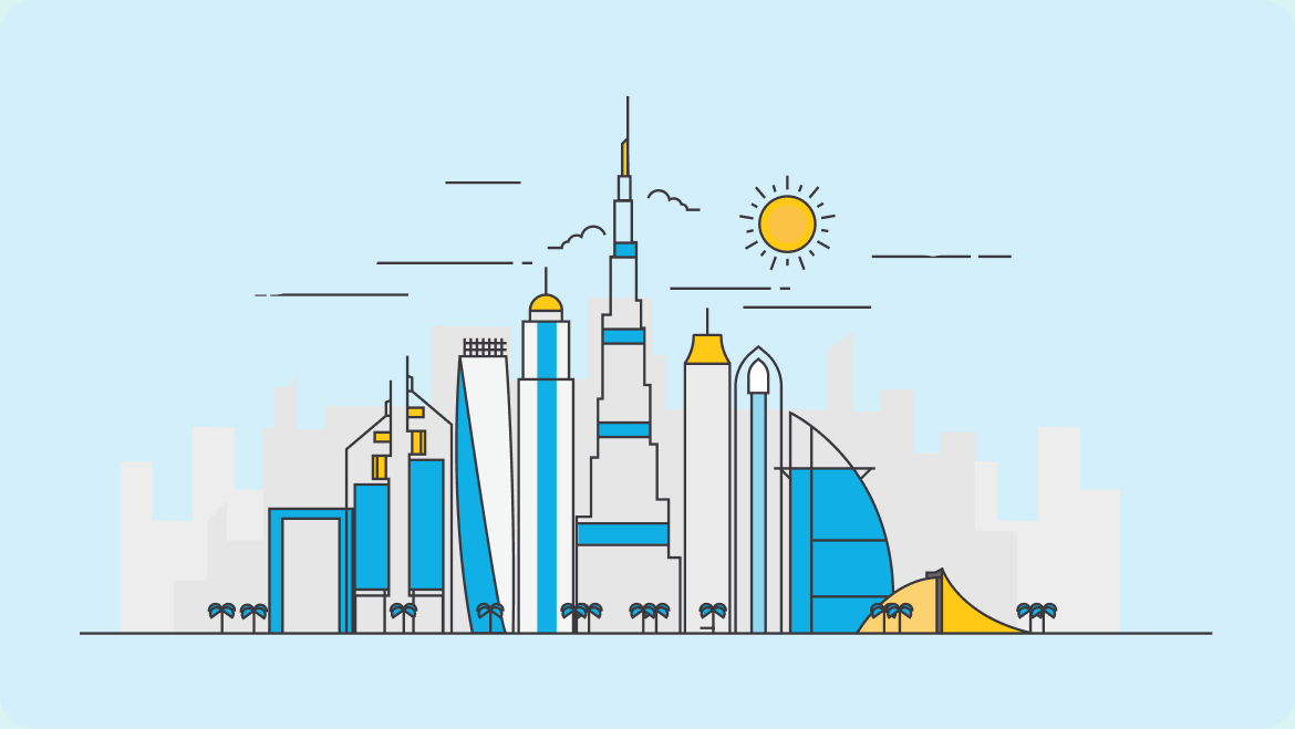 Minimalist cityscape of Dubai featuring iconic skyscrapers, palm trees, and a bright sun, symbolizing a thriving environment for UAE company formation and international business growth.